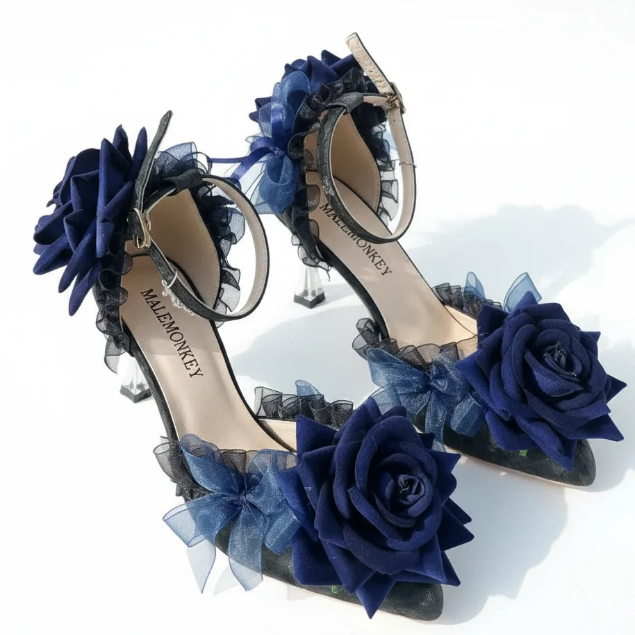 Black High Heel Ornate Shoes with Blue Roses & Silver Anklet