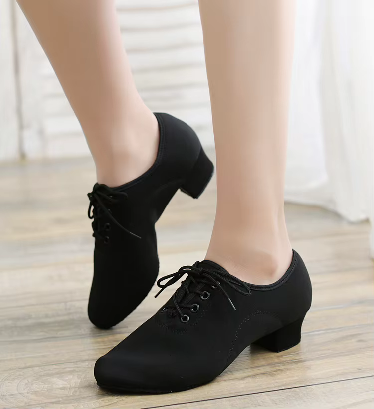 Professional Black Lace Up Dance Shoes with Square Heel