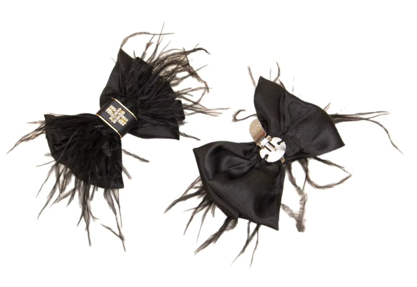Pair of Black Bow with Feathers & Jewel Shoe Charm Clips