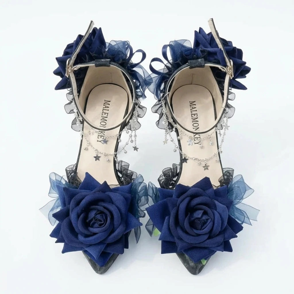 Black High Heel Ornate Shoes with Blue Roses & Silver Anklet