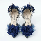 Black High Heel Ornate Shoes with Blue Roses & Silver Anklet
