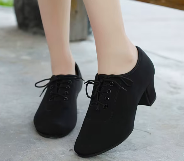 Professional Black Lace Up Dance Shoes with Square Heel