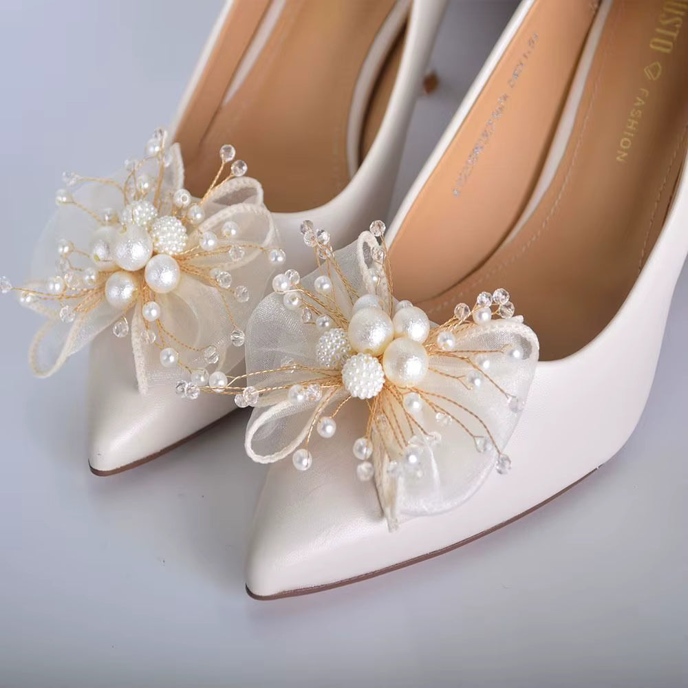 High End Shoe Charms Pair Organza Bow Pearl Wedding