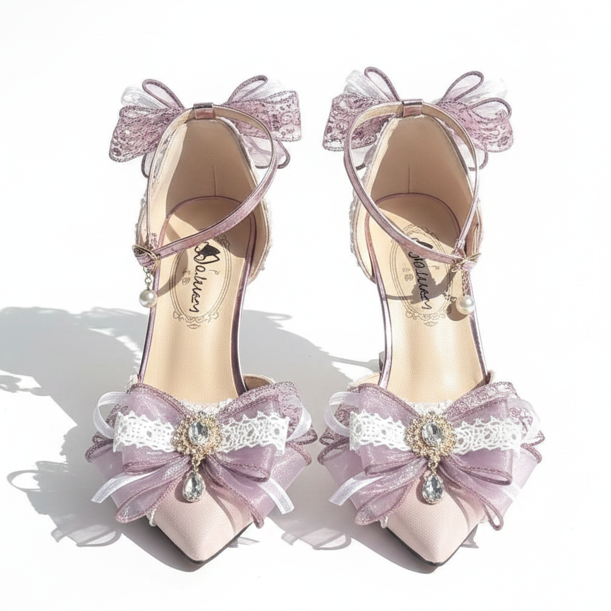 Purple Lilac Lolita Heels with Bows & Jewels