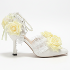 White High Heel Lolita Wedding Shoes with Yellow Roses & Pearls