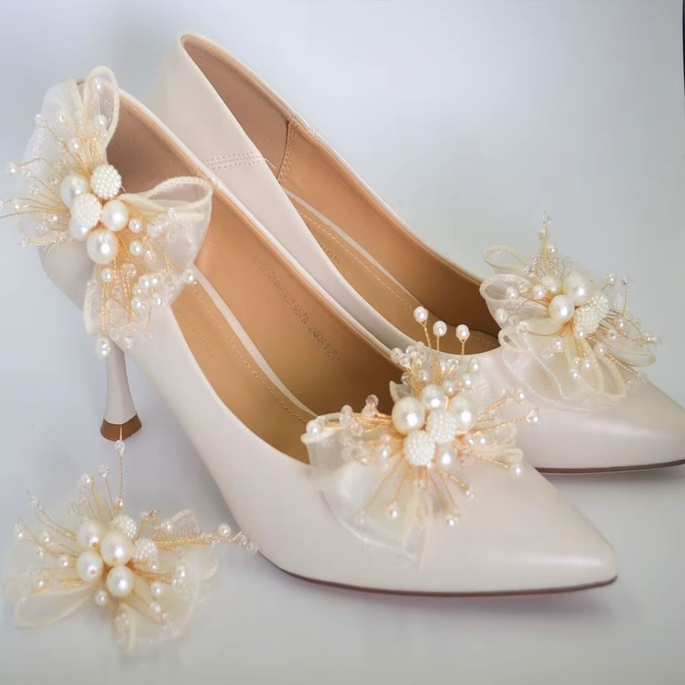 High End Shoe Charms Pair Organza Bow Pearl Wedding