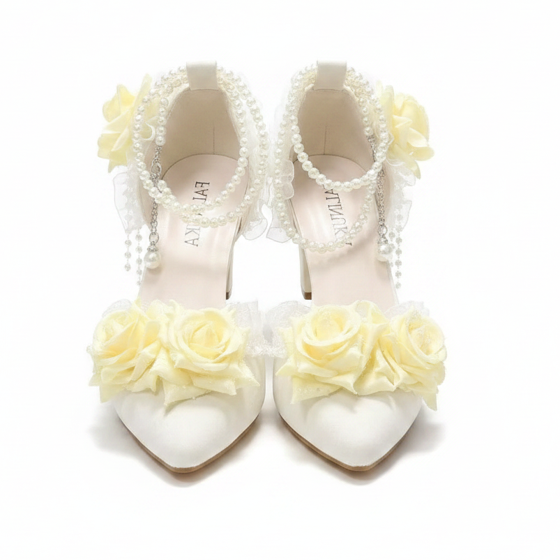 White High Heel Lolita Wedding Shoes with Yellow Roses & Pearls