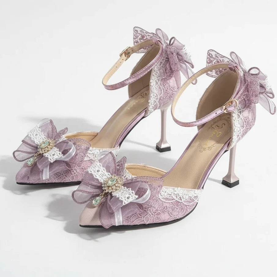 Purple Lilac Lolita Heels with Bows & Jewels