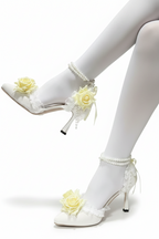 White High Heel Lolita Wedding Shoes with Yellow Roses & Pearls
