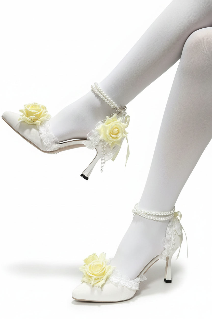 White High Heel Lolita Wedding Shoes with Yellow Roses & Pearls
