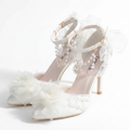 Lolita White Satin Jewelled Wedding Shoes with Ties or Pearls