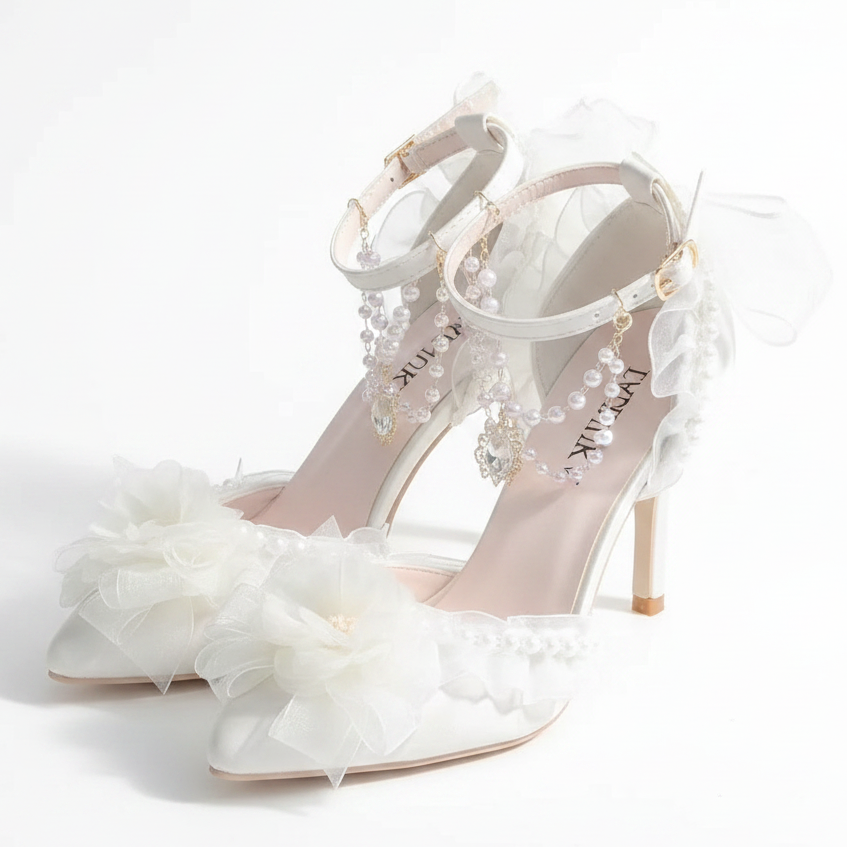 Lolita White Satin Jewelled Wedding Shoes with Ties or Pearls