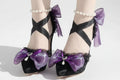 Black Y2K Lolita High Heel Shoes with Purple Bows & Pearl Strap