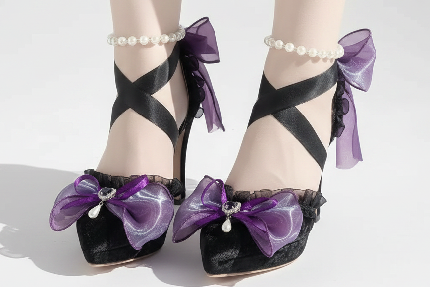 Black high-heeled shoes with purple ribbons and decorative elements on a white background.