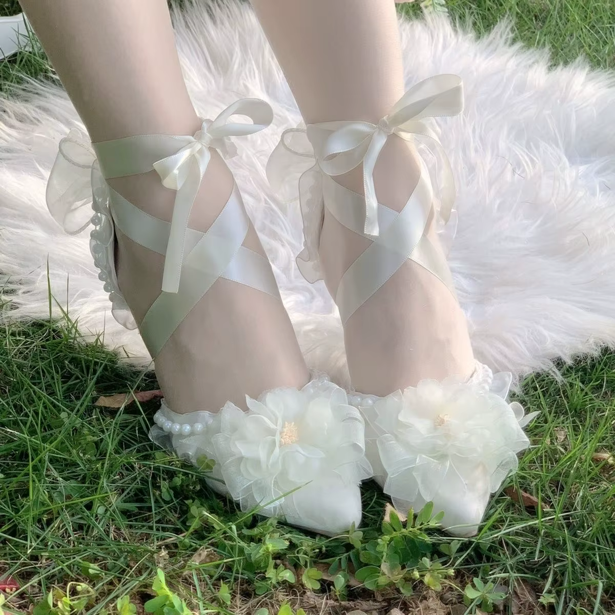 Lolita White Satin Jewelled Wedding Shoes with Ties or Pearls