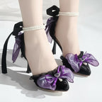 Black Y2K Lolita High Heel Shoes with Purple Bows & Pearl Strap