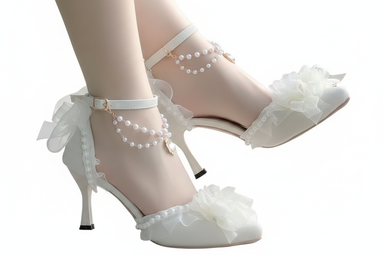 Lolita White Satin Jewelled Wedding Shoes with Ties or Pearls