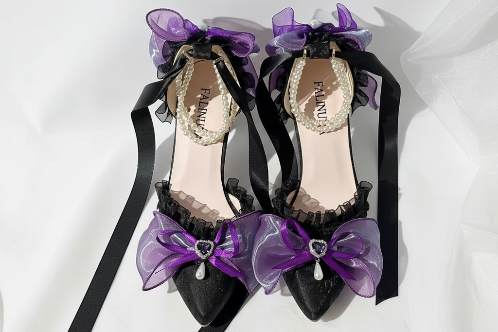 Black & Purple High Heel Lolita Pumps with Pearl Strap