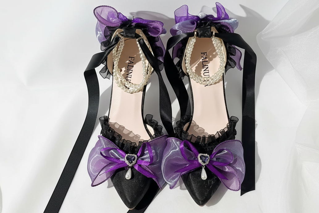 Black & Purple High Heel Lolita Pumps with Pearl Strap