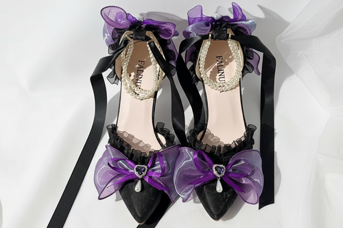 Black & Purple High Heel Lolita Pumps with Pearl Strap