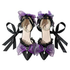 Black Y2K Lolita High Heel Shoes with Purple Bows & Pearl Strap