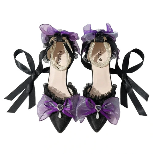 Black Y2K Lolita High Heel Shoes with Purple Bows & Pearl Strap