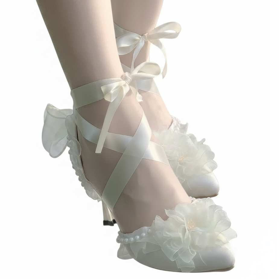 Lolita White Satin Jewelled Wedding Shoes with Ties or Pearls