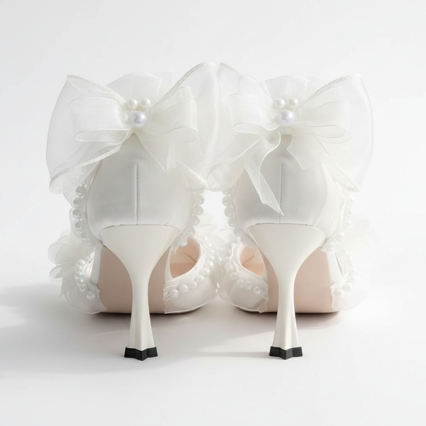 Lolita White Satin Jewelled Wedding Shoes with Ties or Pearls