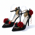 Stunning Black Jewelled High Heel Shoes with Red Roses