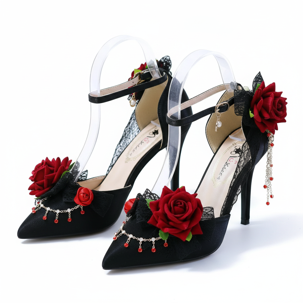 Stunning Black Jewelled High Heel Shoes with Red Roses