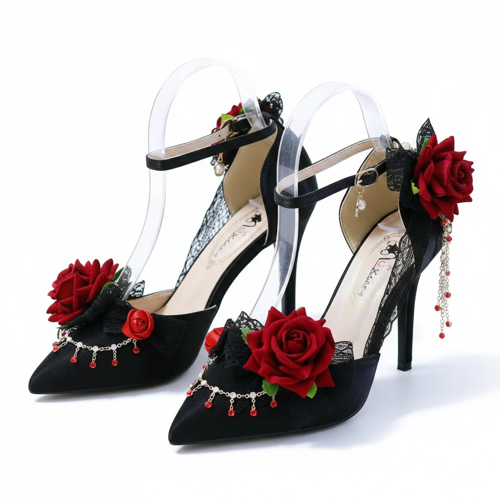 Stunning Black Jewelled High Heel Shoes with Red Roses