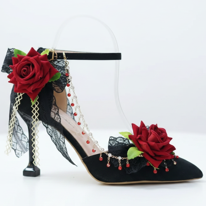 Stunning Black Jewelled High Heel Shoes with Red Roses