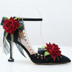 Stunning Black Jewelled High Heel Shoes with Red Roses