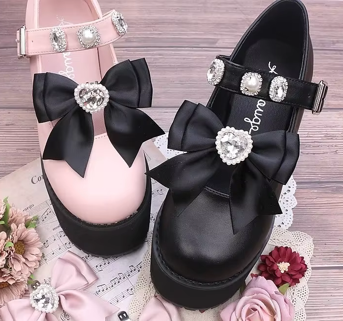 Black Satin Ribbon Bow Shoe Charms with Diamond Heart or Pearls