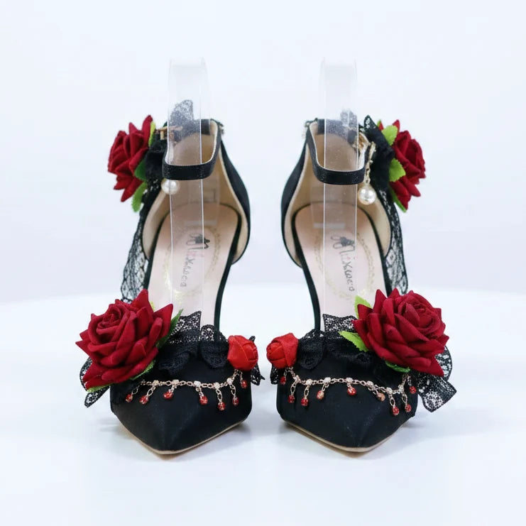 Stunning Black Jewelled High Heel Shoes with Red Roses