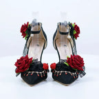 Stunning Black Jewelled High Heel Shoes with Red Roses