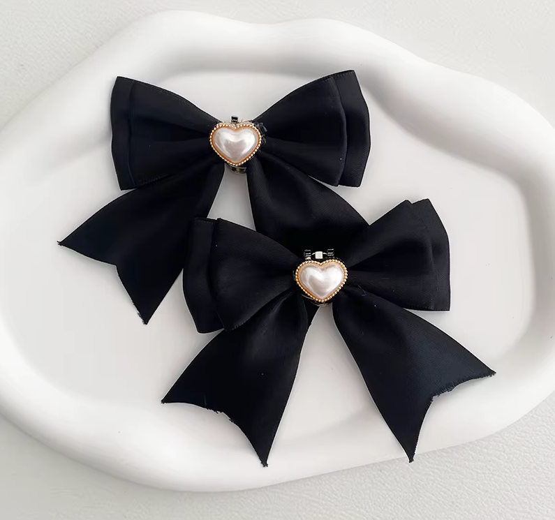 Black Satin Ribbon Bow Shoe Charms with Diamond Heart or Pearls