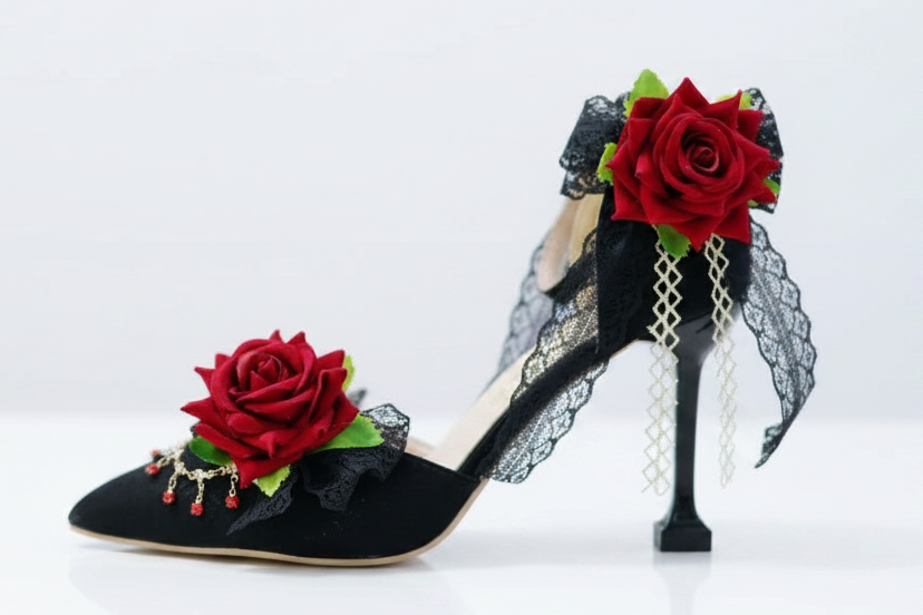 Stunning Black Jewelled High Heel Shoes with Red Roses
