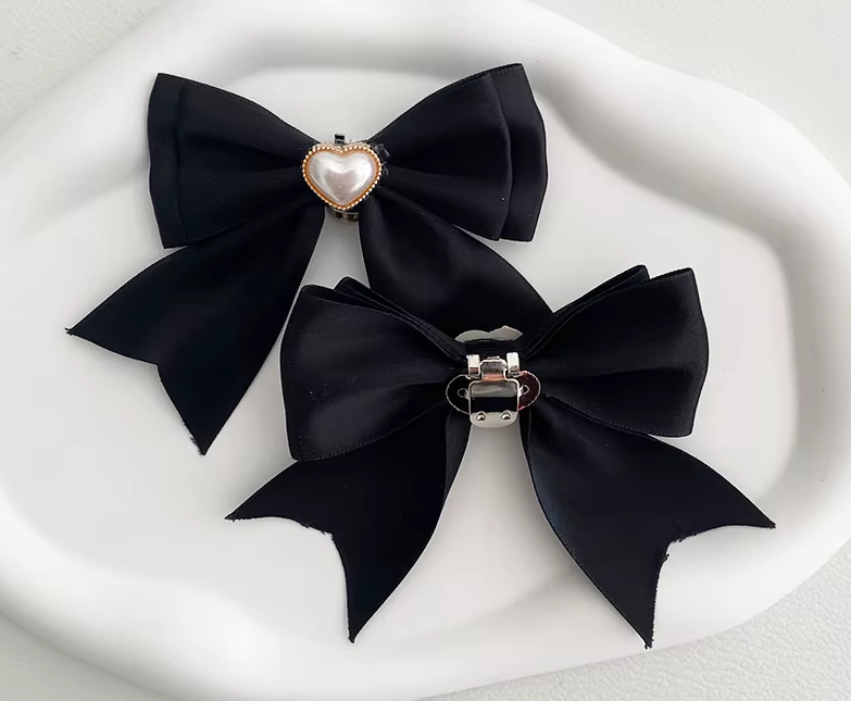 Black Satin Ribbon Bow Shoe Charms with Diamond Heart or Pearls