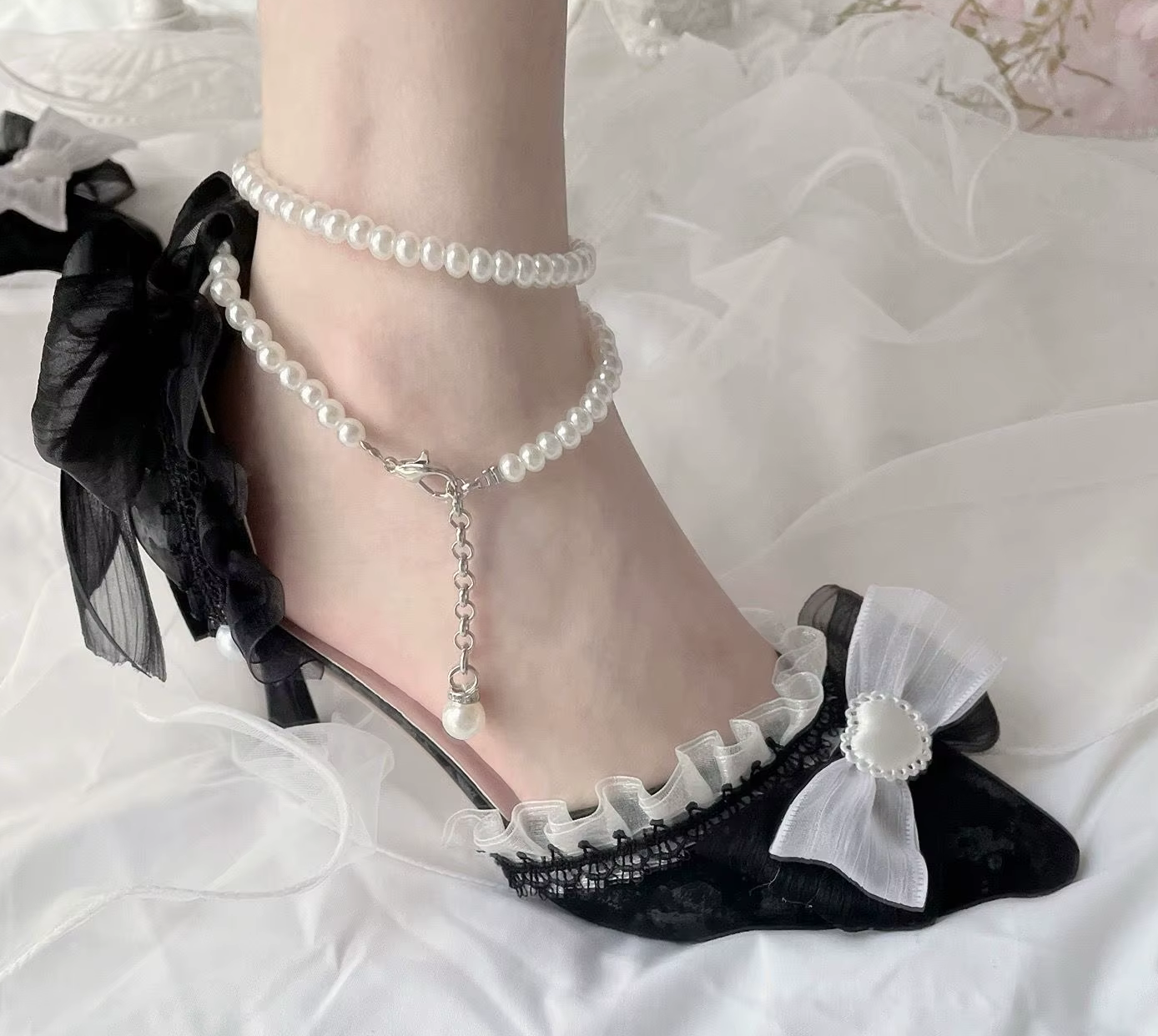Vintage Black & White High Heels with Bows & Pearls