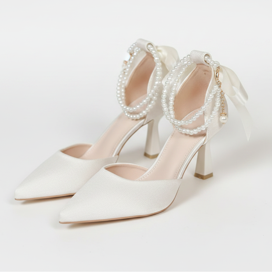 Elegant Ivory Satin 6cm Heel Bridal Wedding Shoes with Pearls & Bows