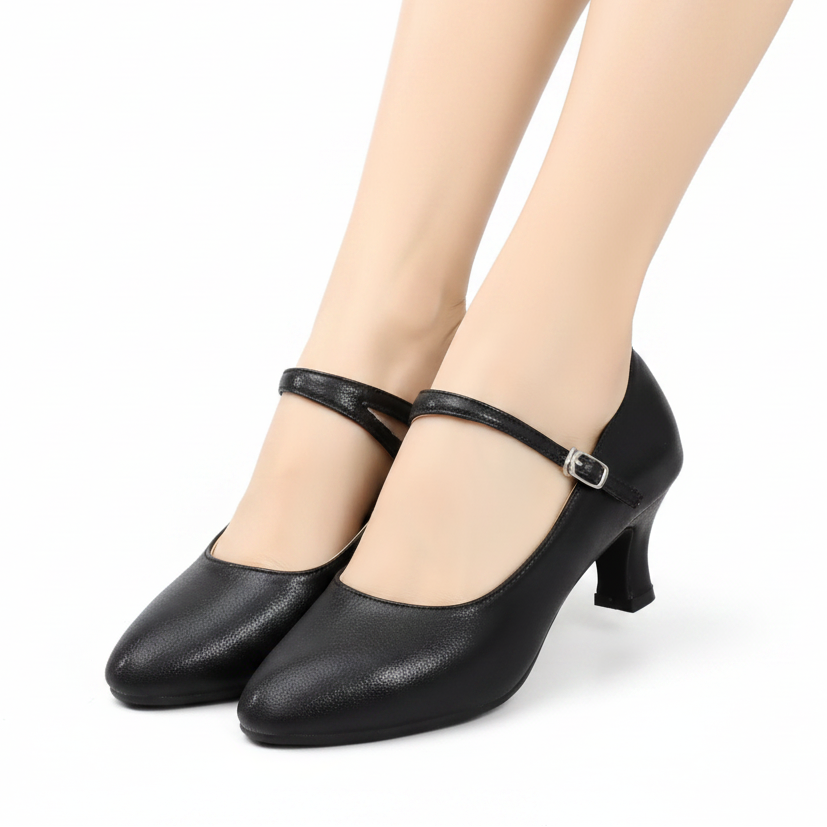 Black leather Mary Jane high heels shown on a model's feet, featuring a low block heel and a single ankle strap with a silver buckle. The image includes text overlays indicating the color is black and the height is 5.