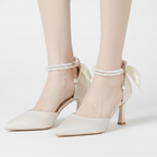 Elegant Ivory Satin 6cm Heel Bridal Wedding Shoes with Pearls & Bows