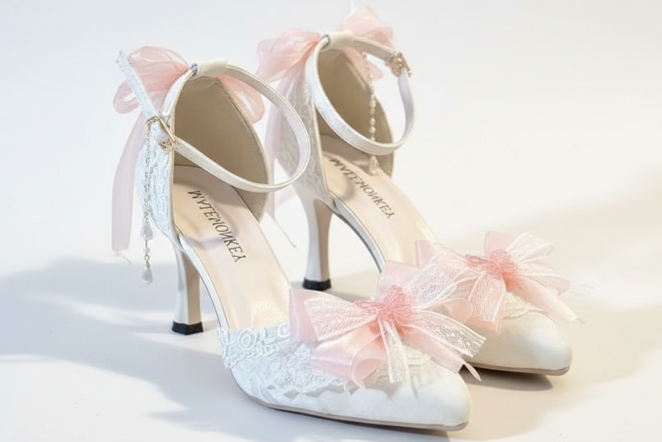 A pair of white lace high-heeled sandals with pink satin bows and matching pink ribbon ankle straps, displayed on a light marble surface.