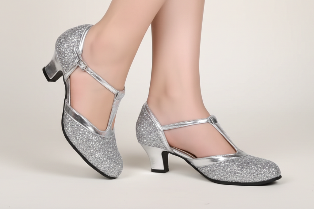 A pair of women's silver glitter ballroom dance shoes with low block heels and T-strap closures, shown on a model's feet against a dark wood background.