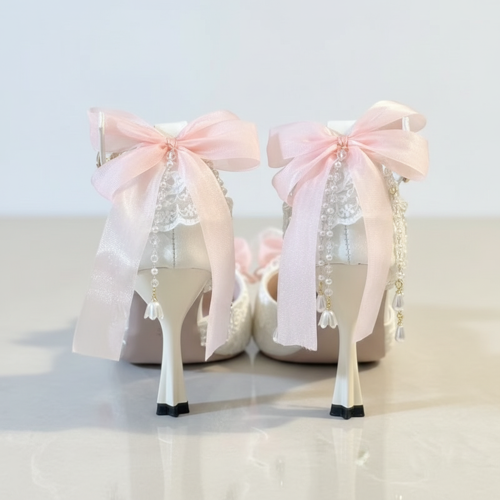 A pair of white lace high-heeled shoes decorated with large light pink ribbon bows, dangling pearl-like beads, and black-and-white striped heel tips, photographed on a light surface with a blurred indoor background.