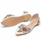 White Wedding Shoes with 3D Flowers Flat or High Heel & Bag