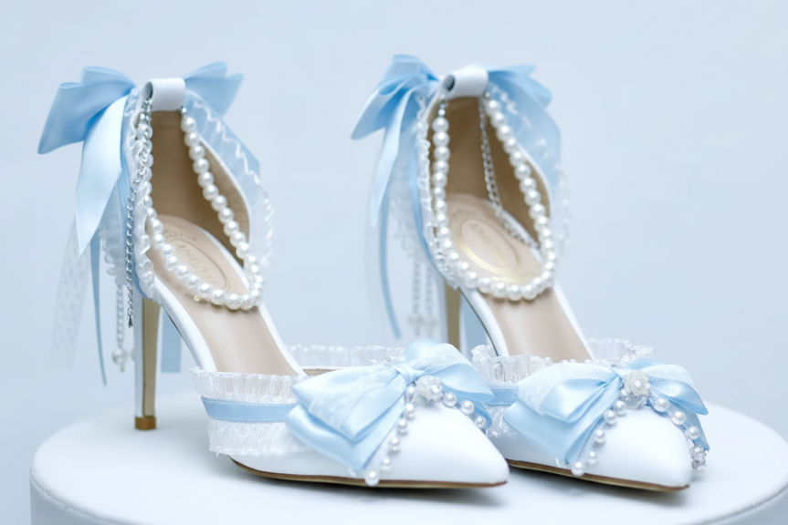 White & Blue High Heeled Lolita Cosplay Shoes Up to Size 7