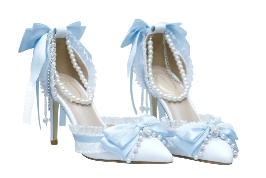 White & Blue High Heeled Lolita Cosplay Shoes Up to Size 7