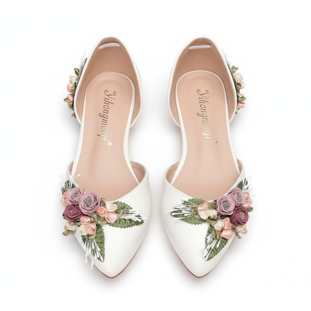 White Wedding Shoes with 3D Flowers Flat or High Heel & Bag